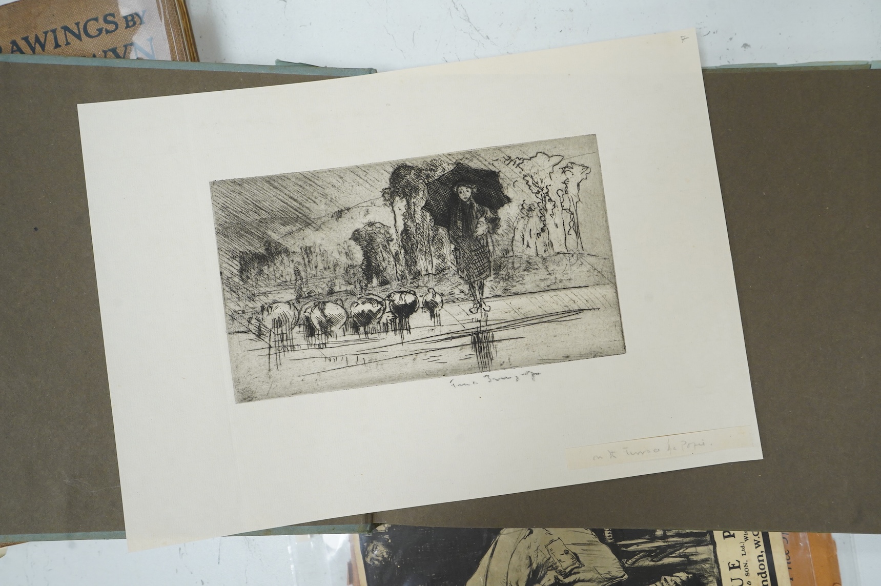 Frank Brangwyn RA RWS RBA (Welsh, 1867-1956), ‘Breaking up the Caledonia’, signed in pencil, lithograph, 28 x 37cm, together with a hardback book, Masters of Etching No.1 Frank Brangwyn and two modern woodcutters booklet